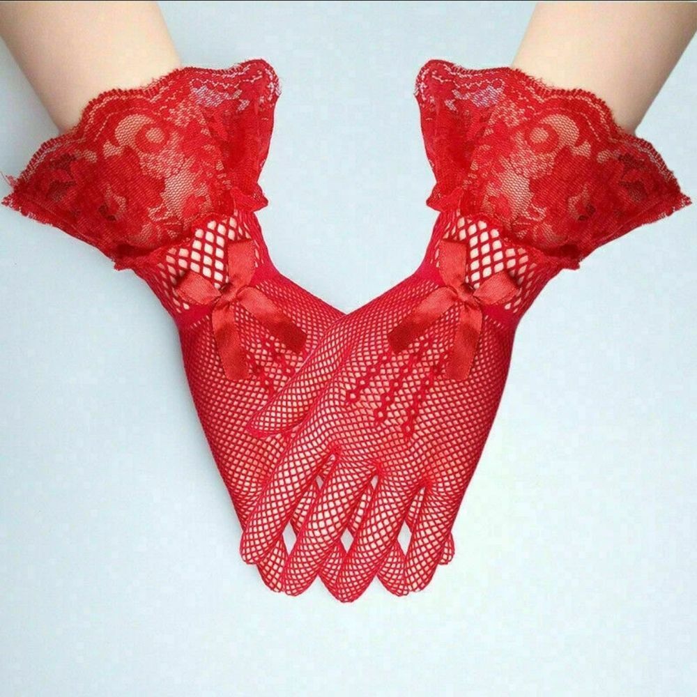 Red Lace Mesh Gloves Women Lace Gloves for Wedding Elegant Short Wrist Gloves Op